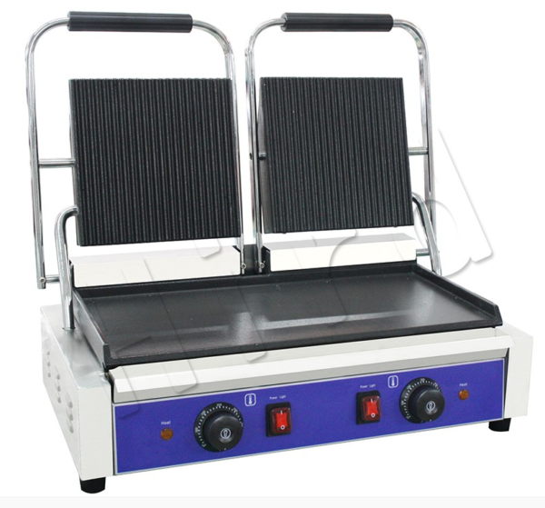 • Plancha-asador de contacto eléctrico. • Ideal para preparar tortas, burritos, carne asada, focaccia, etc. • Cuenta con resistencia calefactora superior e inferior. • Interruptor general e indicador luminoso. • Rango de temperatura: 50 a 250 °C. • Potencia: 2 x 1,650 watts. • Voltaje: 110 v. -60 Hz. • Medidas Generales: 57 ancho ×40 largo ×21 alto cm. • Peso: 28.5 kgs.